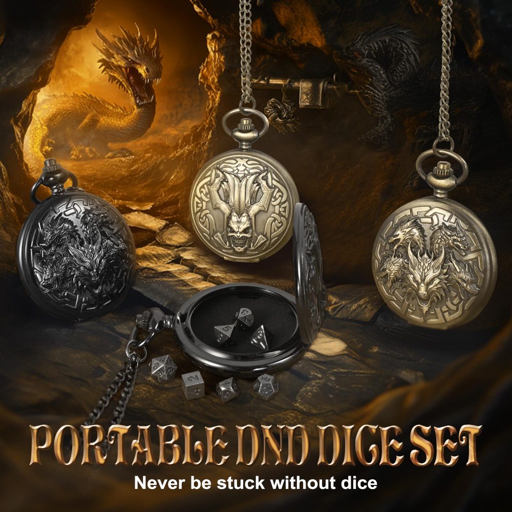 Kabinka DND Dice Set, 7pcs Mini Metal Dice with Pocket Watch Shell, Portable D&D Die with Necklace, Dungeons and Dragons Dice for RPG(Five-Headed Dragon, Bronze)
