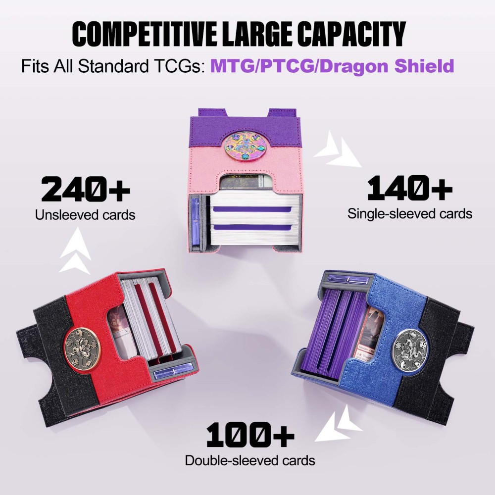 Kabinka Commander Deck Box for MTG with Metal Emblem, Card Deck Box with Dice Tray, Holds 100 Double-Sleeved Cards for TCG/PTCG, Cards Storage Case with 35PT Magnetic Card Holder (Pink& Purple, Lotus)
