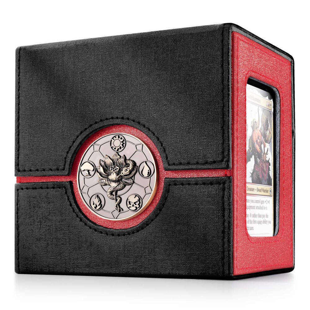 Kabinka Commander Deck Box for MTG with Dice Tray, Card Deck Box with Metal Emblem, Hold 100 Double-Sleeved Cards for TCG/PTCG, Cards Storage Case with 35PT Magnetic Card Holder (Black& Purple, Lotus)