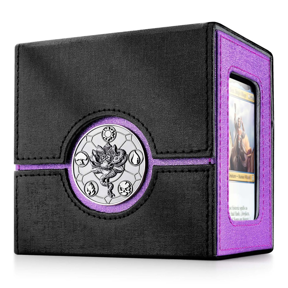 Kabinka Commander Deck Box for MTG with Dice Tray, Card Deck Box with Metal Emblem, Hold 100 Double-Sleeved Cards for TCG/PTCG, Cards Storage Case with 35PT Magnetic Card Holder (Black& Purple, Lotus)