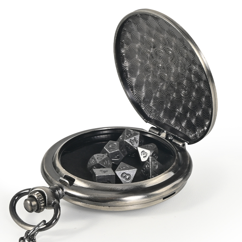 Kabinka DND Dice Set, 7pcs Mini Metal Dice with Pocket Watch Shell, Portable D&D Die with Necklace, Dungeons and Dragons Dice for RPG(Five-Headed Dragon, Bronze)