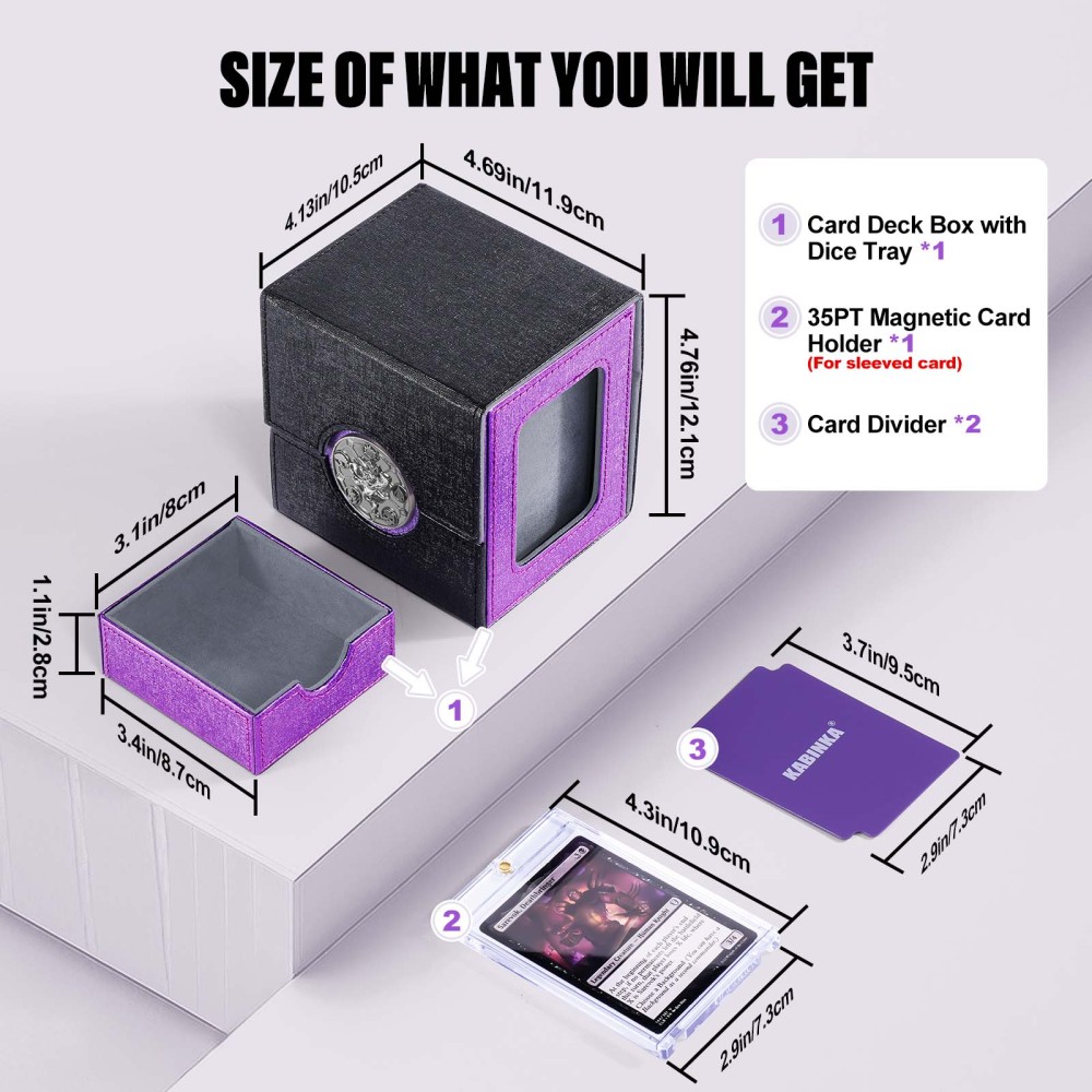 Kabinka Commander Deck Box for MTG with Dice Tray, Card Deck Box with Metal Emblem, Hold 100 Double-Sleeved Cards for TCG/PTCG, Cards Storage Case with 35PT Magnetic Card Holder (Black& Purple, Lotus)
