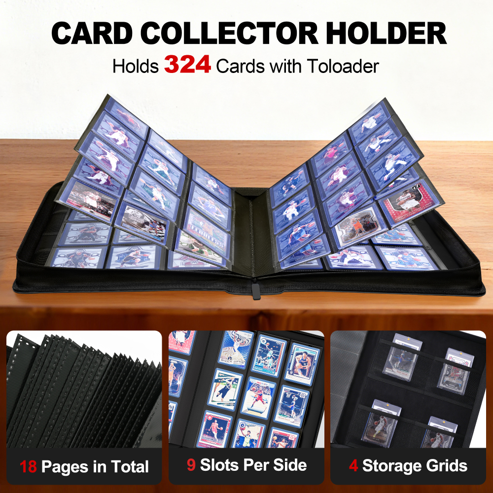 Kabinka Top Loader Binder 9 Pocket, Hold 324 Cards, Trading Card Binder Including 20 Top Loaders, Toploader Binder for Sport Card/PTCG/MTG/YGO, Black