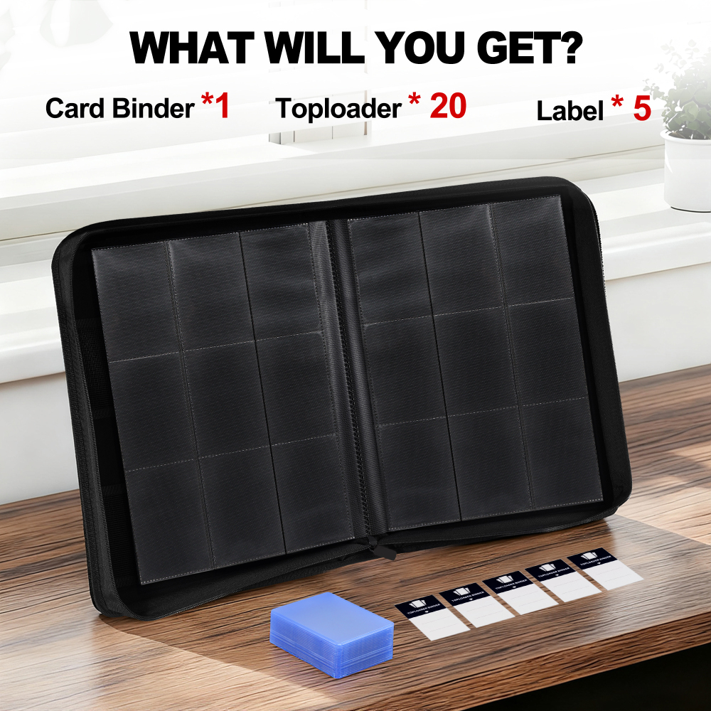 Kabinka Top Loader Binder 9 Pocket, Hold 324 Cards, Trading Card Binder Including 20 Top Loaders, Toploader Binder for Sport Card/PTCG/MTG/YGO, Black