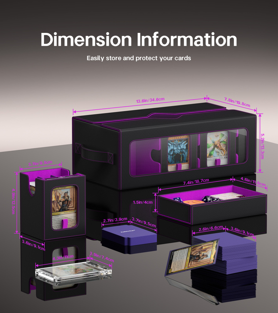 Kabinka MTG Commander Deck Box, 6-Deck Modular Card Case with 100 PCS Card Sleeves, Dice Tray - Holds 600+ Double-Sleeved Cards, 35PT Magnetic Holders for TCG/EDH (Black Purple)