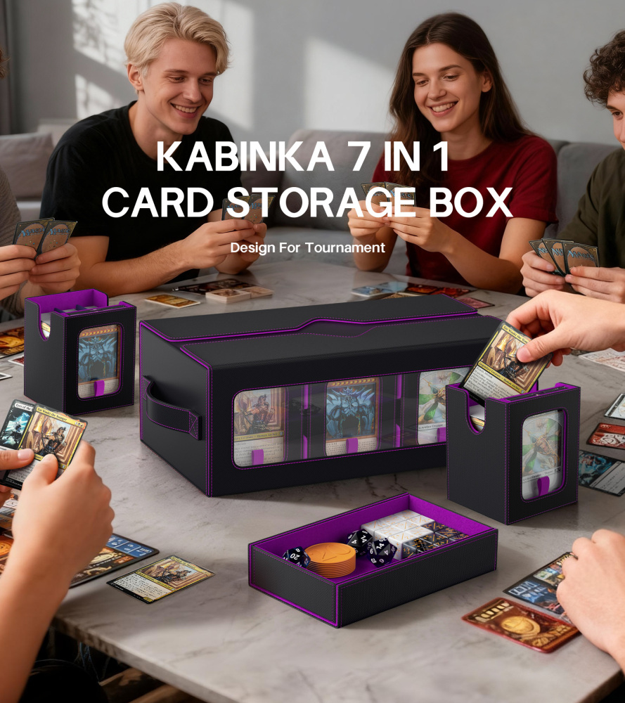 Kabinka MTG Commander Deck Box, 6-Deck Modular Card Case with 100 PCS Card Sleeves, Dice Tray - Holds 600+ Double-Sleeved Cards, 35PT Magnetic Holders for TCG/EDH (Black Purple)