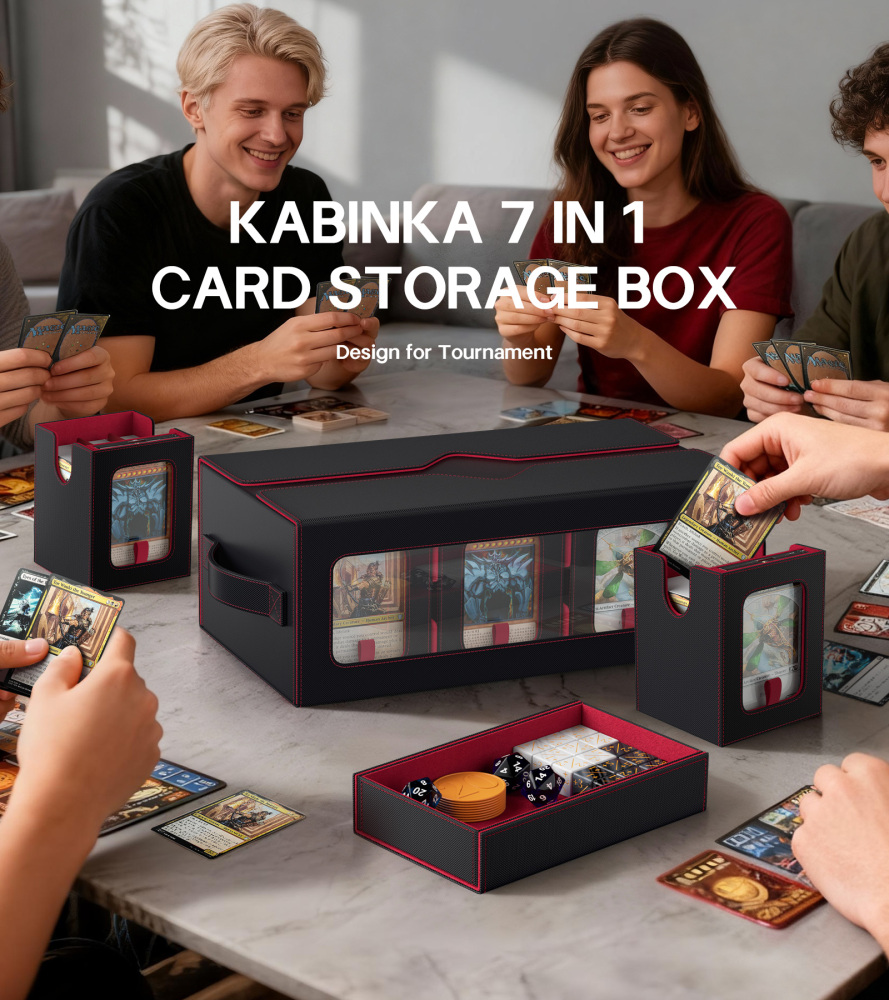 Kabinka MTG Commander Deck Box, 6-Deck Modular Card Case with 100 PCS Card Sleeves, Dice Tray - Holds 600+ Double-Sleeved Cards, 35PT Magnetic Holders for TCG/EDH (Black Red)
