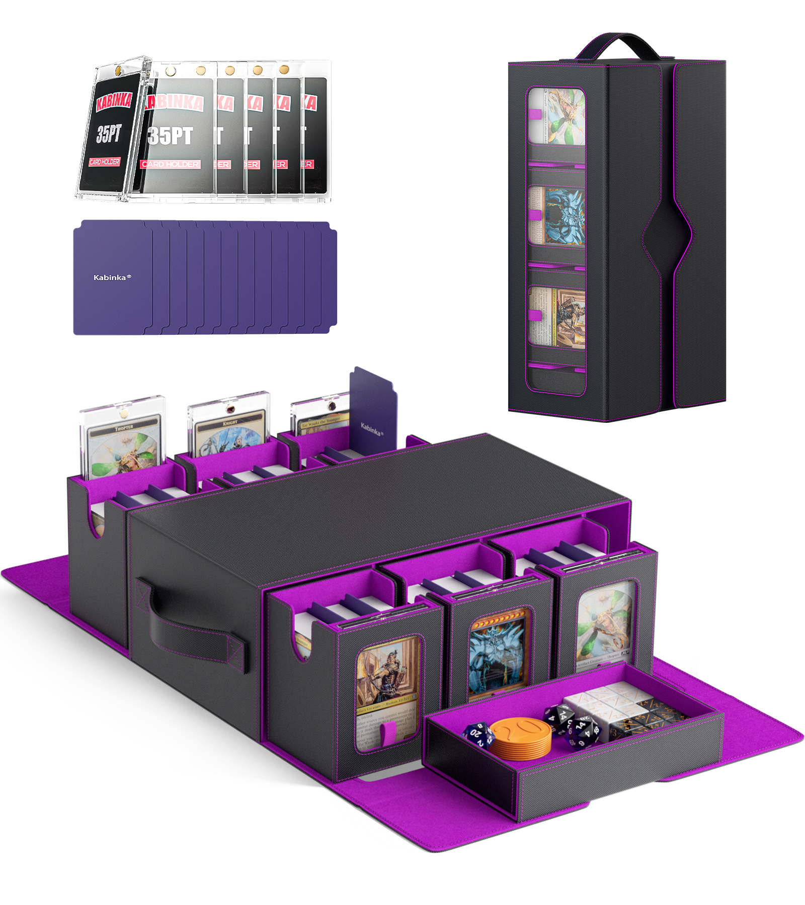 Kabinka MTG Commander Deck Box, 6-Deck Modular Card Case with Dice Tray - Holds 600+ Double-Sleeved Cards, 35PT Magnetic Holders & 100 PCS Card Sleeves for TCG/EDH (Multicolor)