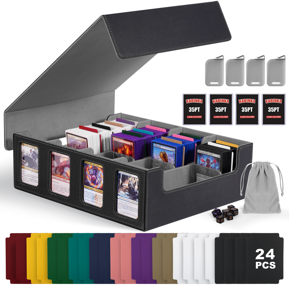 Trading Card Storage Box with Commander Display , 4-Row Deck Case with Removable Lid; 2400+ Card Deck Box for MTG TCG Sports Card, 4 Toploaders, 4 Stoppers, 24 Dividers,1 Dice Bag (Black Purple)