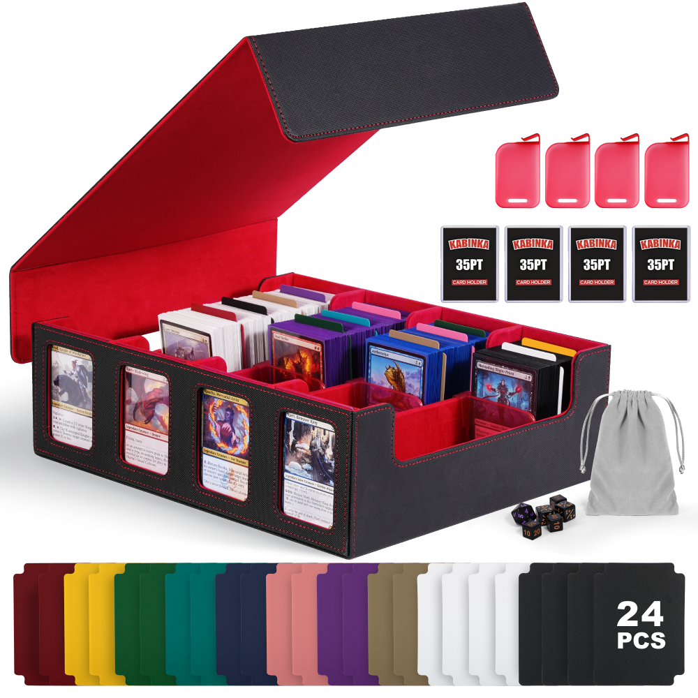 Trading Card Storage Box with Commander Display , 4-Row Deck Case with Removable Lid; 2400+ Card Deck Box for MTG TCG Sports Card, 4 Toploaders, 4 Stoppers, 24 Dividers,1 Dice Bag (Black Purple)