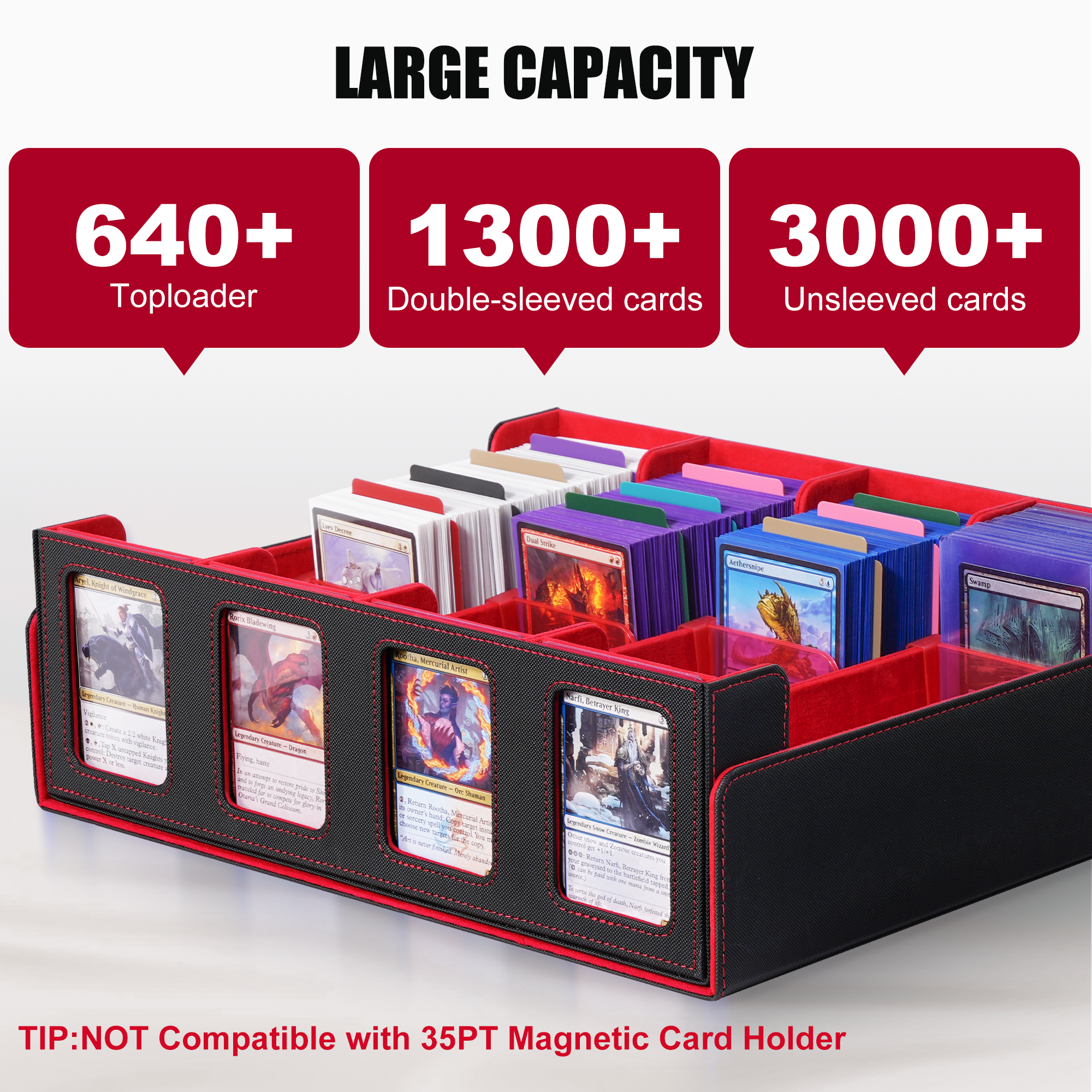Trading Card Storage Box with Commander Display , 4-Row Deck Case with Removable Lid; 2400+ Card Deck Box for MTG TCG Sports Card, 4 Toploaders, 4 Stoppers, 24 Dividers,1 Dice Bag (Black Purple)