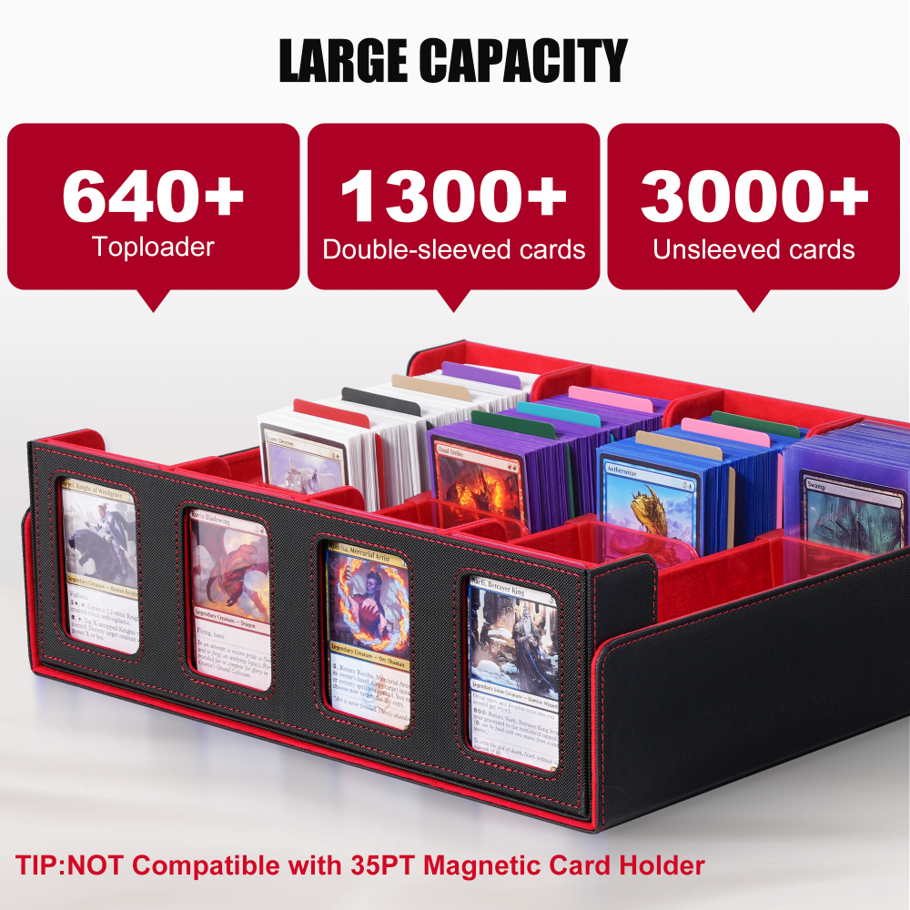 Trading Card Storage Box with Commander Display , 4-Row Deck Case with Removable Lid; 2400+ Card Deck Box for MTG TCG Sports Card, 4 Toploaders, 4 Stoppers, 24 Dividers,1 Dice Bag (Black Purple)