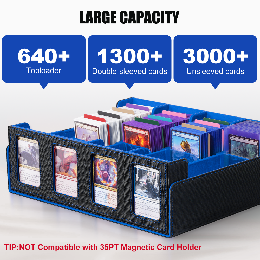 Kabinka Trading Card Storage Box with Commander Display, 4-Row Deck Case with Removable Lid; 2400+ Card Deck Box for MTG TCG Sports Card, 4 Toploaders, 4 Stoppers, 24 Dividers,1 Dice Bag (Black Blue)