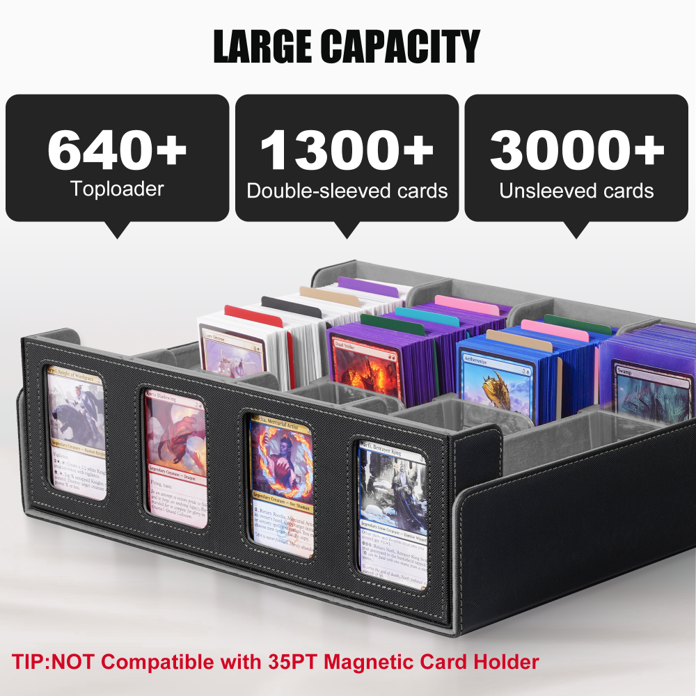 Kabinka Trading Card Storage Box with Commander Display, 4-Row Deck Case with Removable Lid; 2400+ Card Deck Box for MTG TCG Sports Card, 4 Toploaders, 4 Stoppers, 24 Dividers,1 Dice Bag (Black Blue)
