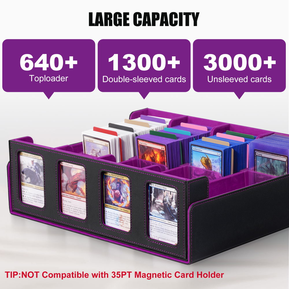 Trading Card Storage Box with Commander Display , 4-Row Deck Case with Removable Lid; 2400+ Card Deck Box for MTG TCG Sports Card, 4 Toploaders, 4 Stoppers, 24 Dividers,1 Dice Bag (Black Purple)