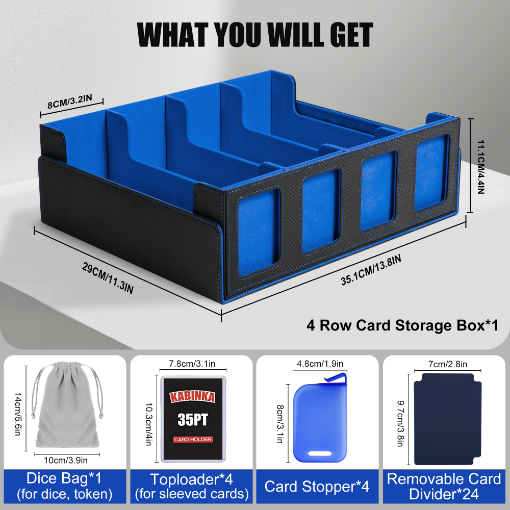 Kabinka Trading Card Storage Box with Commander Display, 4-Row Deck Case with Removable Lid; 2400+ Card Deck Box for MTG TCG Sports Card, 4 Toploaders, 4 Stoppers, 24 Dividers,1 Dice Bag (Black Blue)