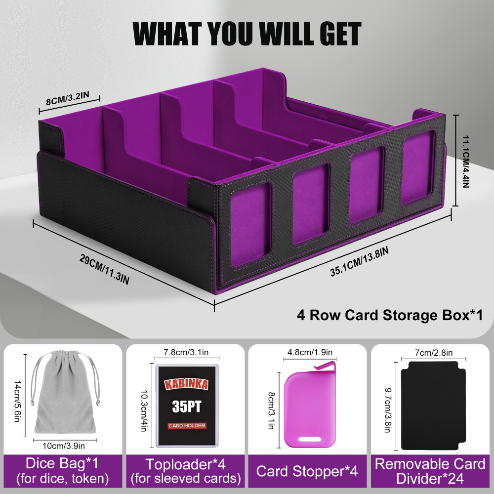Trading Card Storage Box with Commander Display , 4-Row Deck Case with Removable Lid; 2400+ Card Deck Box for MTG TCG Sports Card, 4 Toploaders, 4 Stoppers, 24 Dividers,1 Dice Bag (Black Purple)