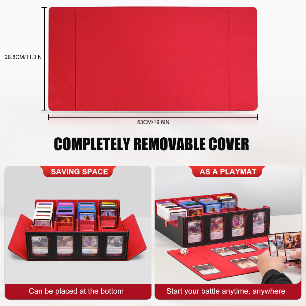 Trading Card Storage Box with Commander Display , 4-Row Deck Case with Removable Lid; 2400+ Card Deck Box for MTG TCG Sports Card, 4 Toploaders, 4 Stoppers, 24 Dividers,1 Dice Bag (Black Purple)