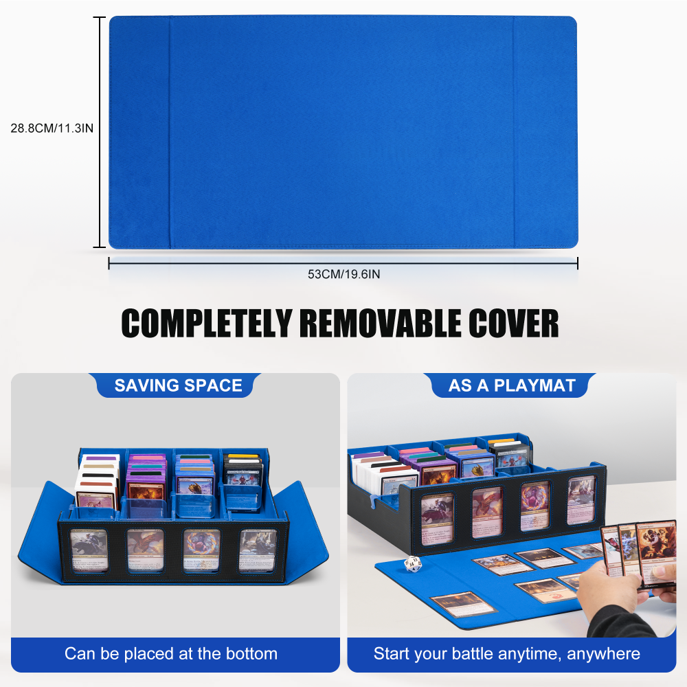 Kabinka Trading Card Storage Box with Commander Display, 4-Row Deck Case with Removable Lid; 2400+ Card Deck Box for MTG TCG Sports Card, 4 Toploaders, 4 Stoppers, 24 Dividers,1 Dice Bag (Black Blue)