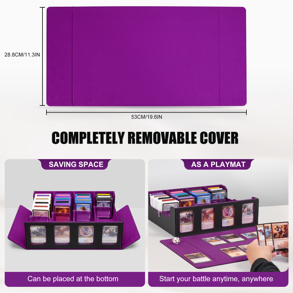 Trading Card Storage Box with Commander Display , 4-Row Deck Case with Removable Lid; 2400+ Card Deck Box for MTG TCG Sports Card, 4 Toploaders, 4 Stoppers, 24 Dividers,1 Dice Bag (Black Purple)