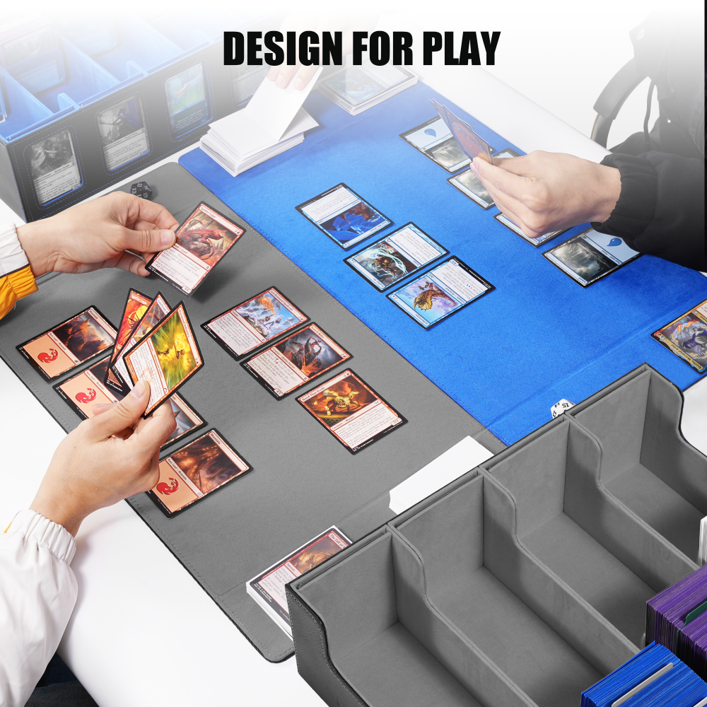 Kabinka Trading Card Storage Box with Commander Display, 4-Row Deck Case with Removable Lid; 2400+ Card Deck Box for MTG TCG Sports Card, 4 Toploaders, 4 Stoppers, 24 Dividers,1 Dice Bag (Black Blue)