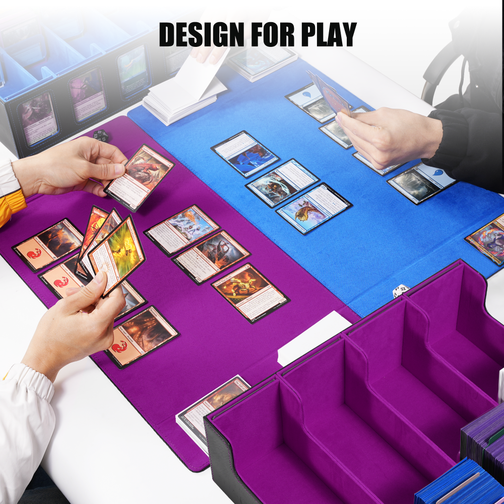 Trading Card Storage Box with Commander Display , 4-Row Deck Case with Removable Lid; 2400+ Card Deck Box for MTG TCG Sports Card, 4 Toploaders, 4 Stoppers, 24 Dividers,1 Dice Bag (Black Purple)