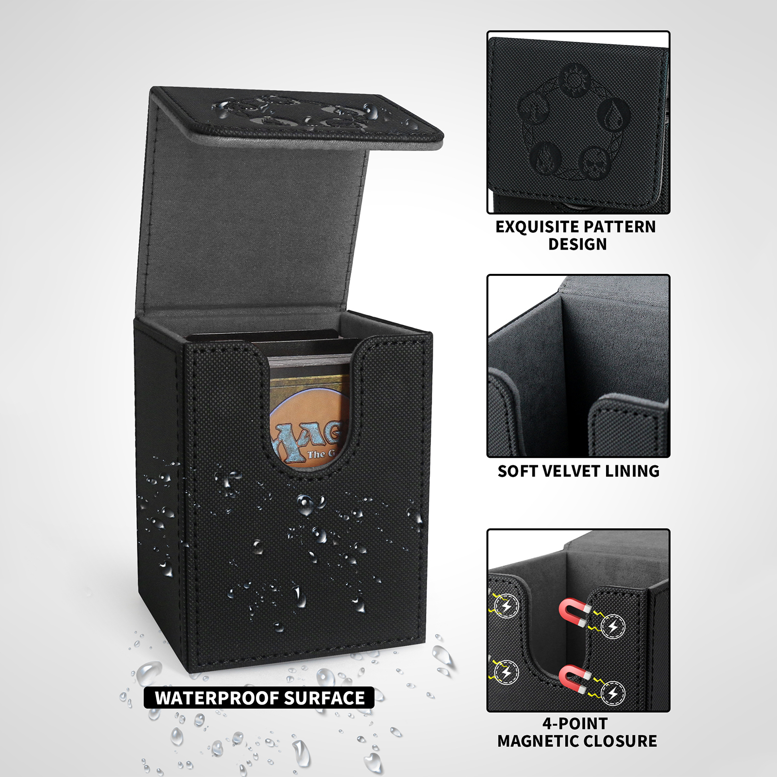 Kabinka Card Deck Box for MTG Yugioh TCG, Card Storage Box with Dividers Holds 100+ Sleeved Cards, Premium Card Deck Case Compatible with CCG Trading Cards (Black Grey)