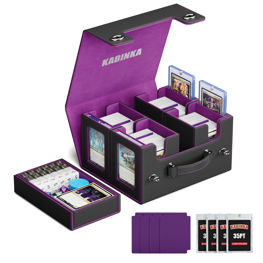 Kabinka Commander Deck Box for MTG with Handle, Multi Deck Case with Large Dice Tray Fits 400+ Double-Sleeved Cards, 5 IN 1 TCG Card Storage Box with Commander Display, 35PT Card Holder (Black Purple)