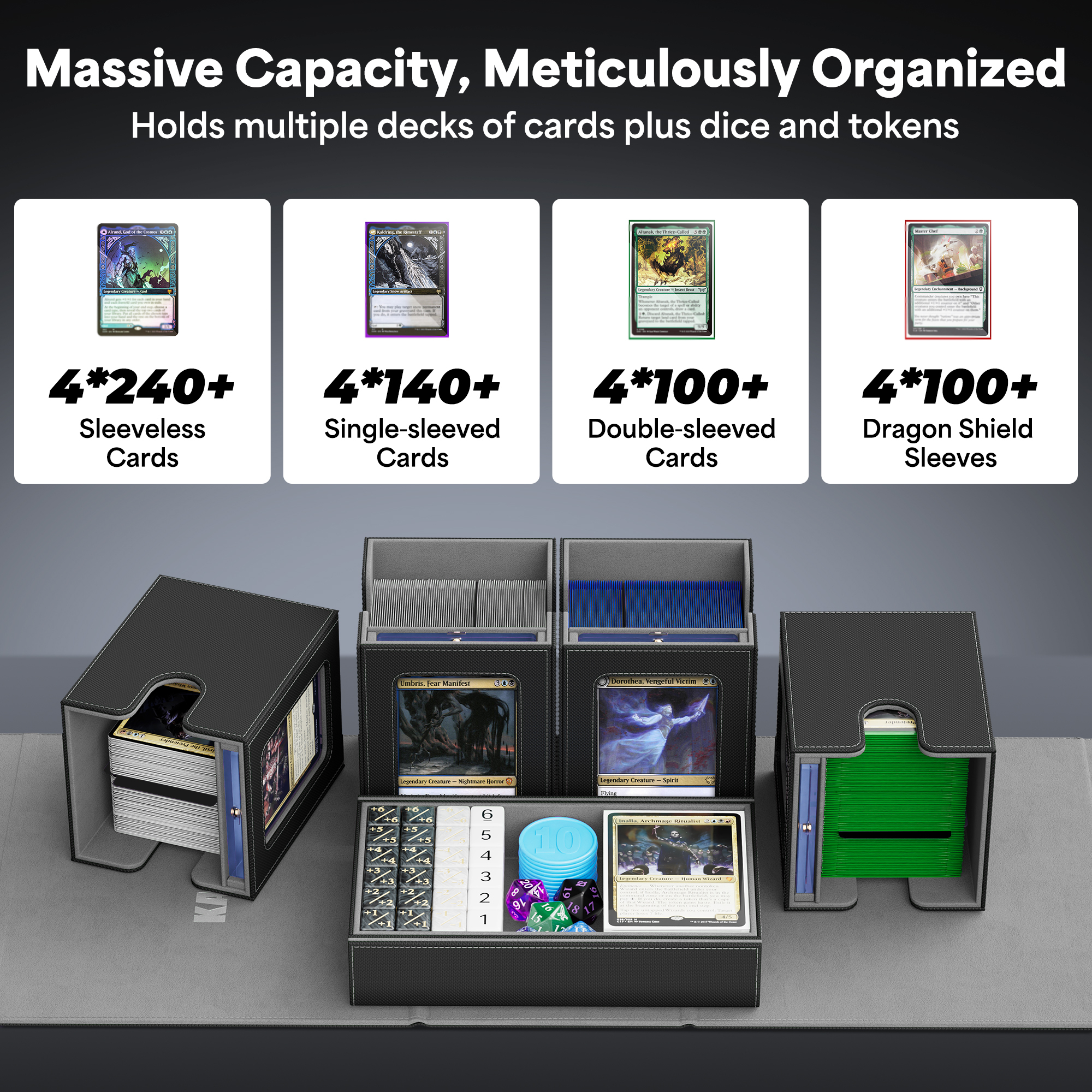 Kabinka Commander Deck Box for MTG with Handle, Multi Deck Case with Large Dice Tray Fits 400+ Double-Sleeved Cards, 5 IN 1 TCG Card Storage Box with Commander Display, 35PT Card Holder (Black Purple)