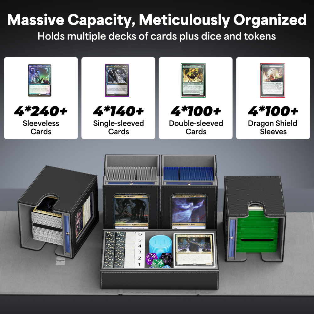 Kabinka Commander Deck Box for MTG with Handle, Multi Deck Case with Large Dice Tray Fits 400+ Double-Sleeved Cards, 5 IN 1 TCG Card Storage Box with Commander Display, 35PT Card Holder (Black Purple)