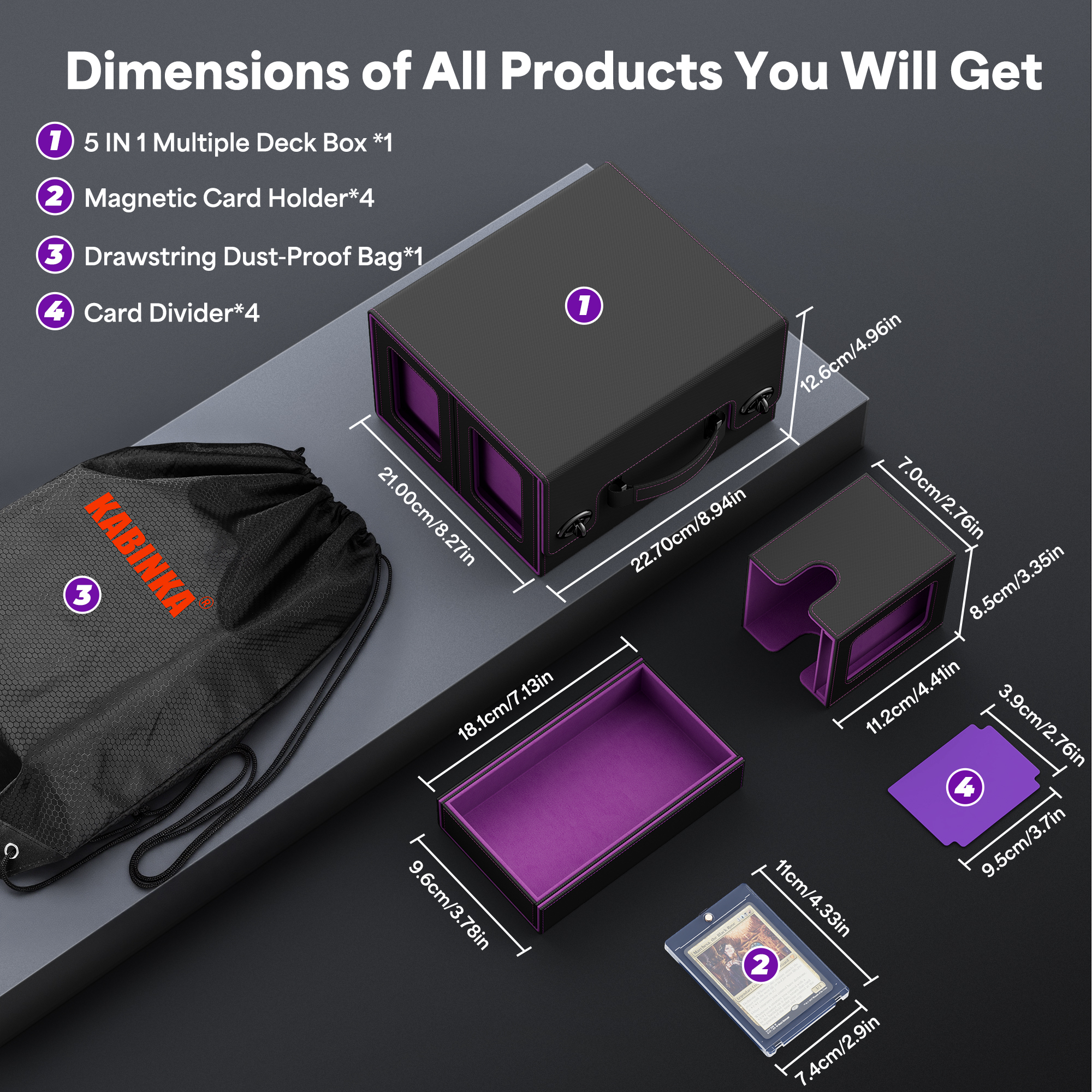 Kabinka Commander Deck Box for MTG with Handle, Multi Deck Case with Large Dice Tray Fits 400+ Double-Sleeved Cards, 5 IN 1 TCG Card Storage Box with Commander Display, 35PT Card Holder (Black Purple)