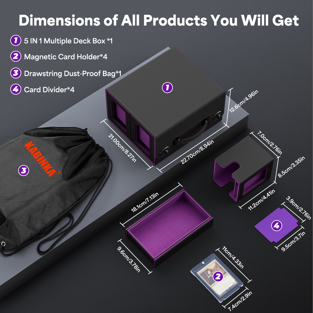 Kabinka Commander Deck Box for MTG with Handle, Multi Deck Case with Large Dice Tray Fits 400+ Double-Sleeved Cards, 5 IN 1 TCG Card Storage Box with Commander Display, 35PT Card Holder (Black Purple)
