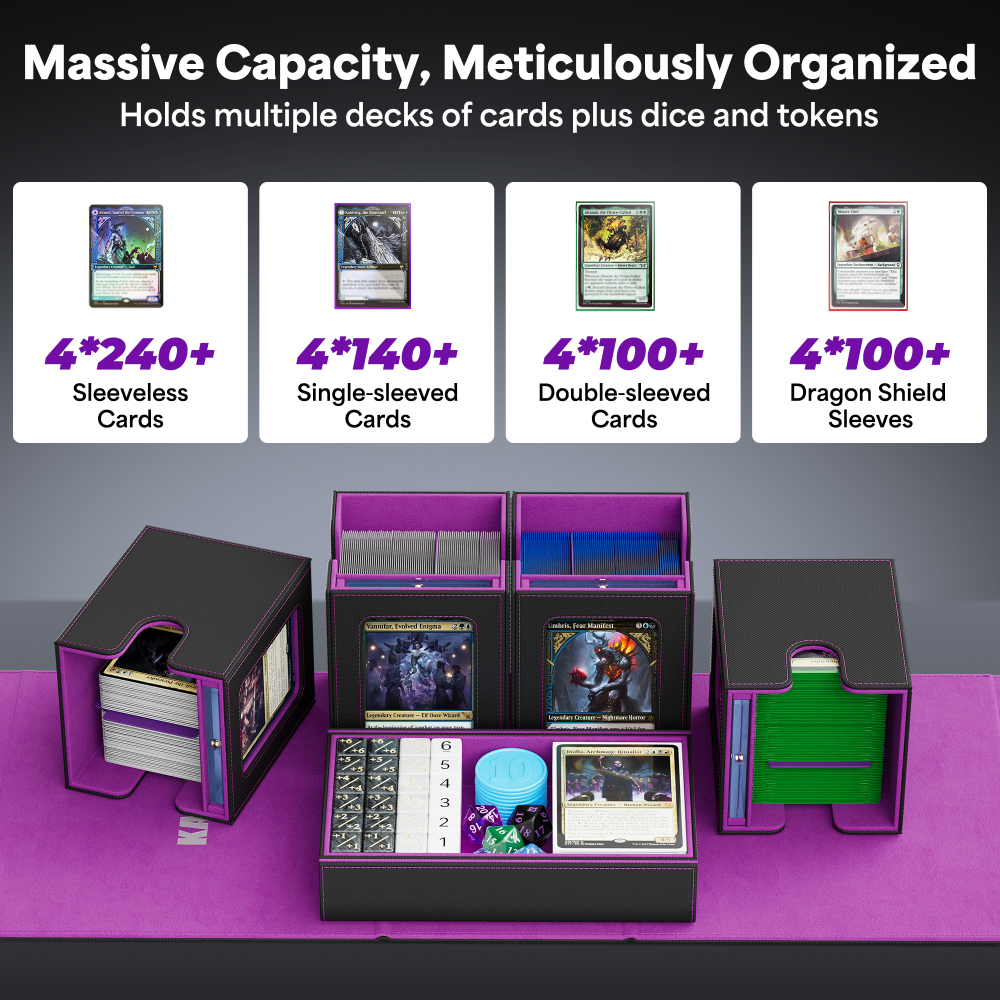 Kabinka Commander Deck Box for MTG with Handle, Multi Deck Case with Large Dice Tray Fits 400+ Double-Sleeved Cards, 5 IN 1 TCG Card Storage Box with Commander Display, 35PT Card Holder (Black Purple)