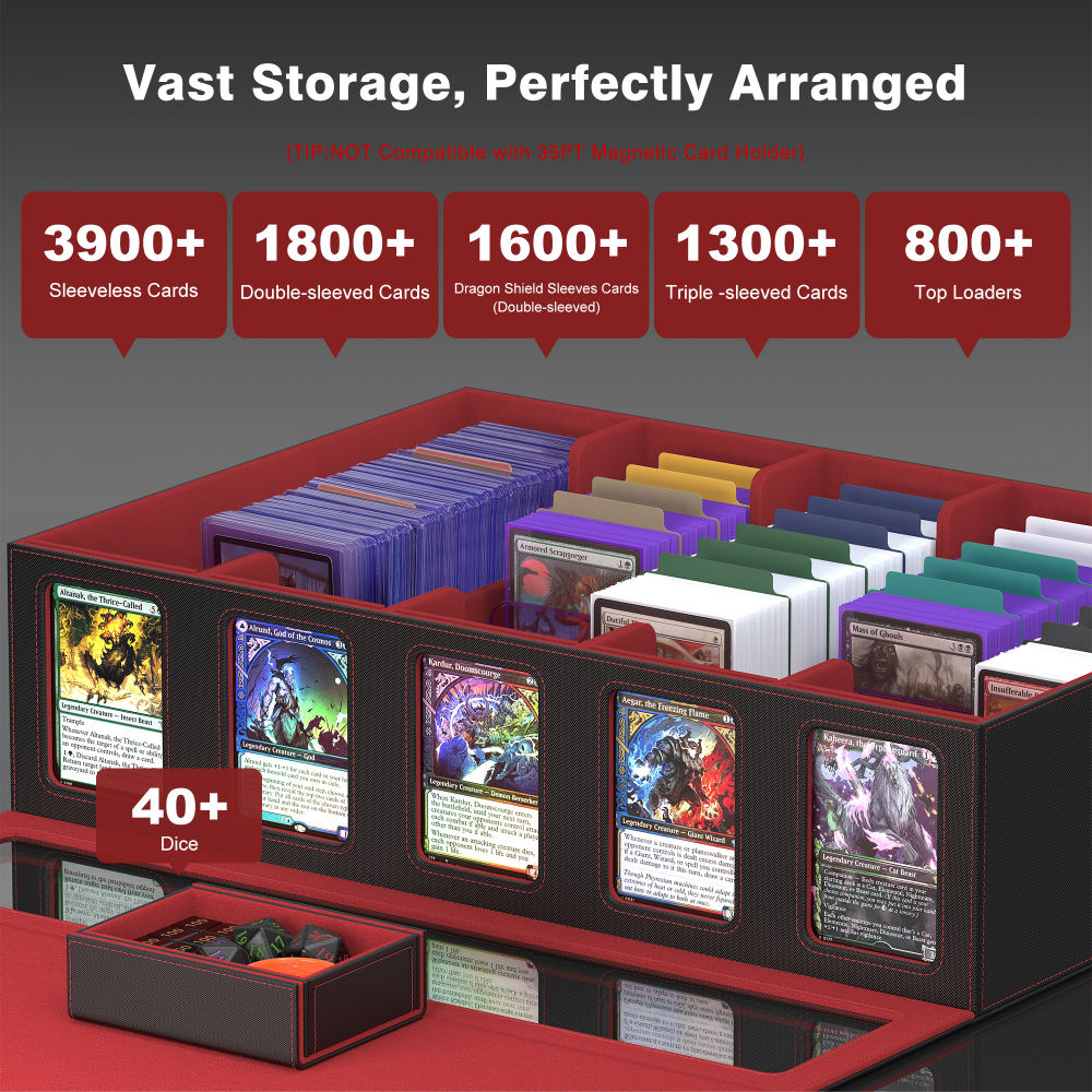 Kabinka Trading Card Storage Box with Handle & Mechanical Latch,5-Row 3900+ Commander MTG Card Case with Sealed Display Window,Top loaders Organizer Deck Box for MTG/TCG/PTCG/Sports Cards (Black Red)