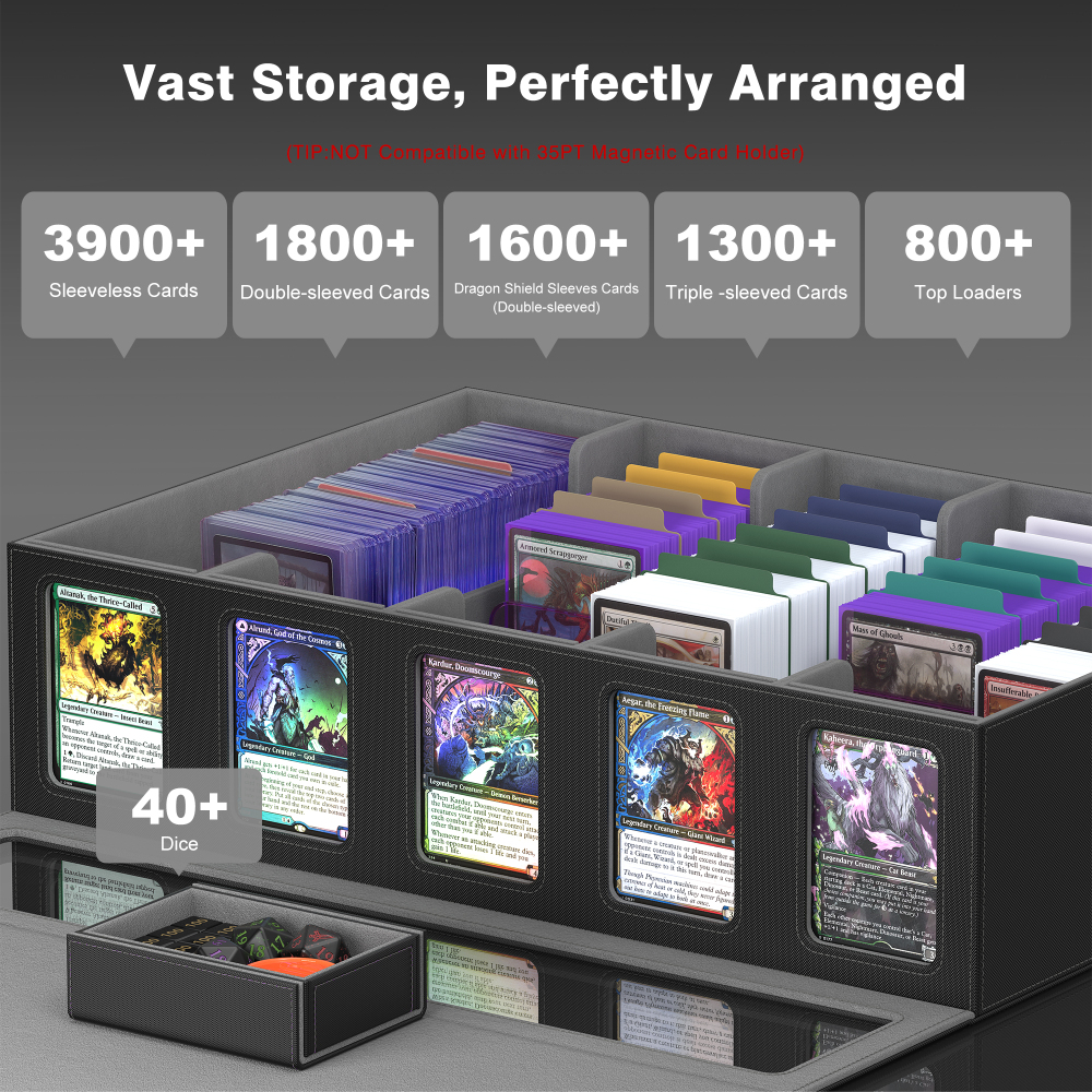 Kabinka Trading Card Storage Box with Handle & Mechanical Latch,5-Row 3900+ Commander MTG Card Case with Sealed Display Window,Top loaders Organizer Deck Box for MTG/TCG/PTCG/Sports Cards (Black)