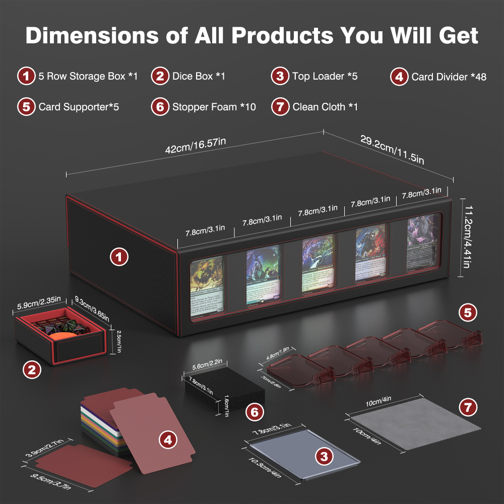 Kabinka Trading Card Storage Box with Handle & Mechanical Latch,5-Row 3900+ Commander MTG Card Case with Sealed Display Window,Top loaders Organizer Deck Box for MTG/TCG/PTCG/Sports Cards (Black Red)