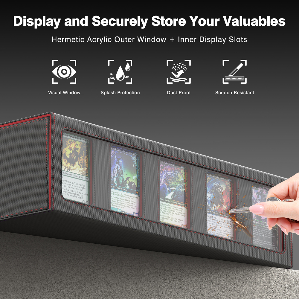 Kabinka Trading Card Storage Box with Handle & Mechanical Latch,5-Row 3900+ Commander MTG Card Case with Sealed Display Window,Top loaders Organizer Deck Box for MTG/TCG/PTCG/Sports Cards (Black Red)