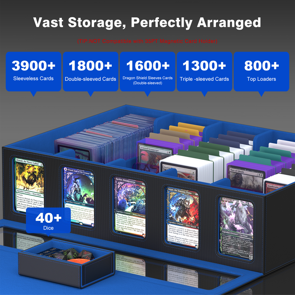 Kabinka Trading Card Storage Box with Handle & Mechanical Latch,5-Row 3900+ Commander MTG Card Case with Sealed Display Window,Top loaders Organizer Deck Box for MTG/TCG/PTCG/Sports Cards (Black Blue)