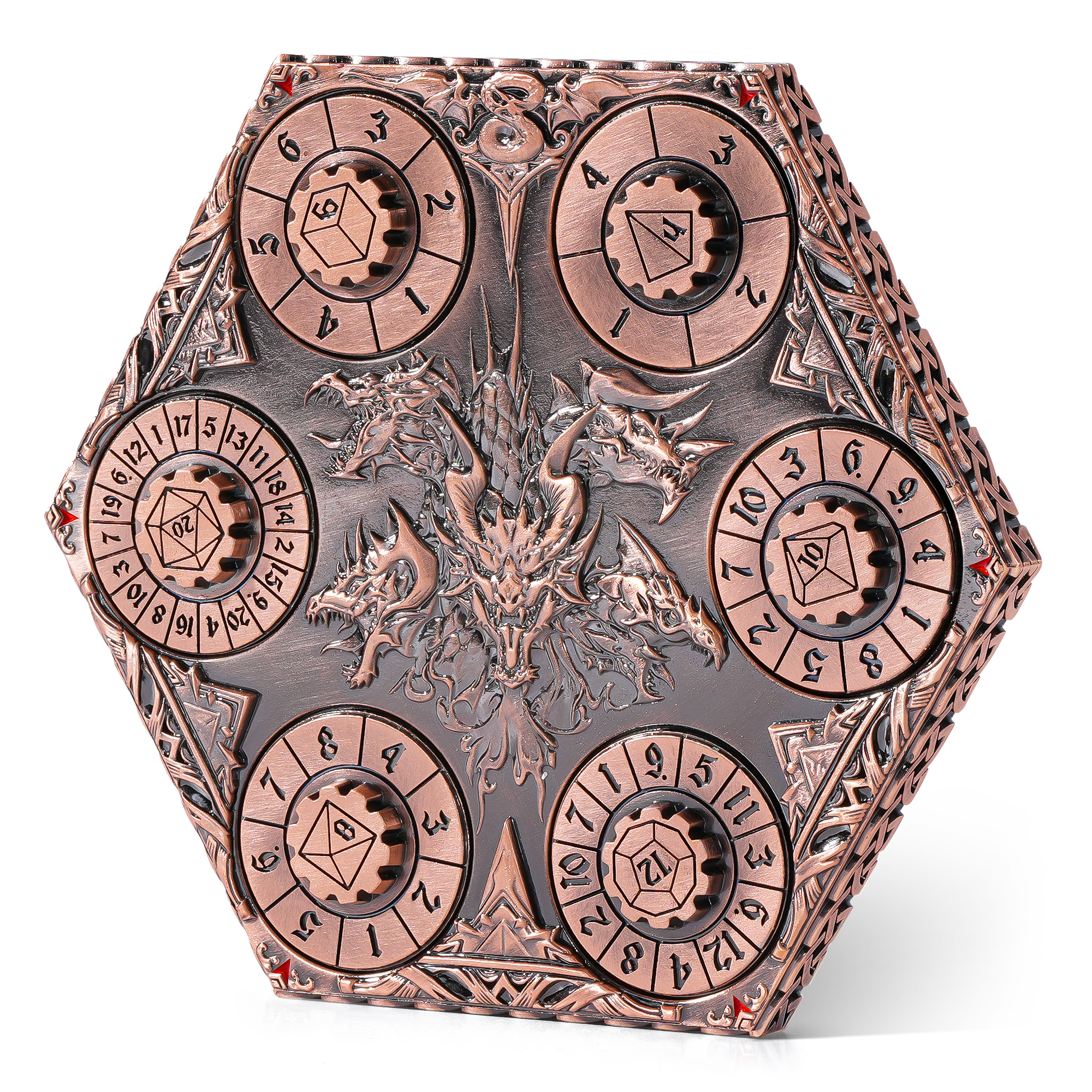 Kabinka DND Dice Set, 7 in 1 Metal Spin-Dial Dice with Storage Bag, Portable Celtic Knot D&D Dice for D4/D6/D8/D10/D12/D20 Role Playing Board Games (Bronze)