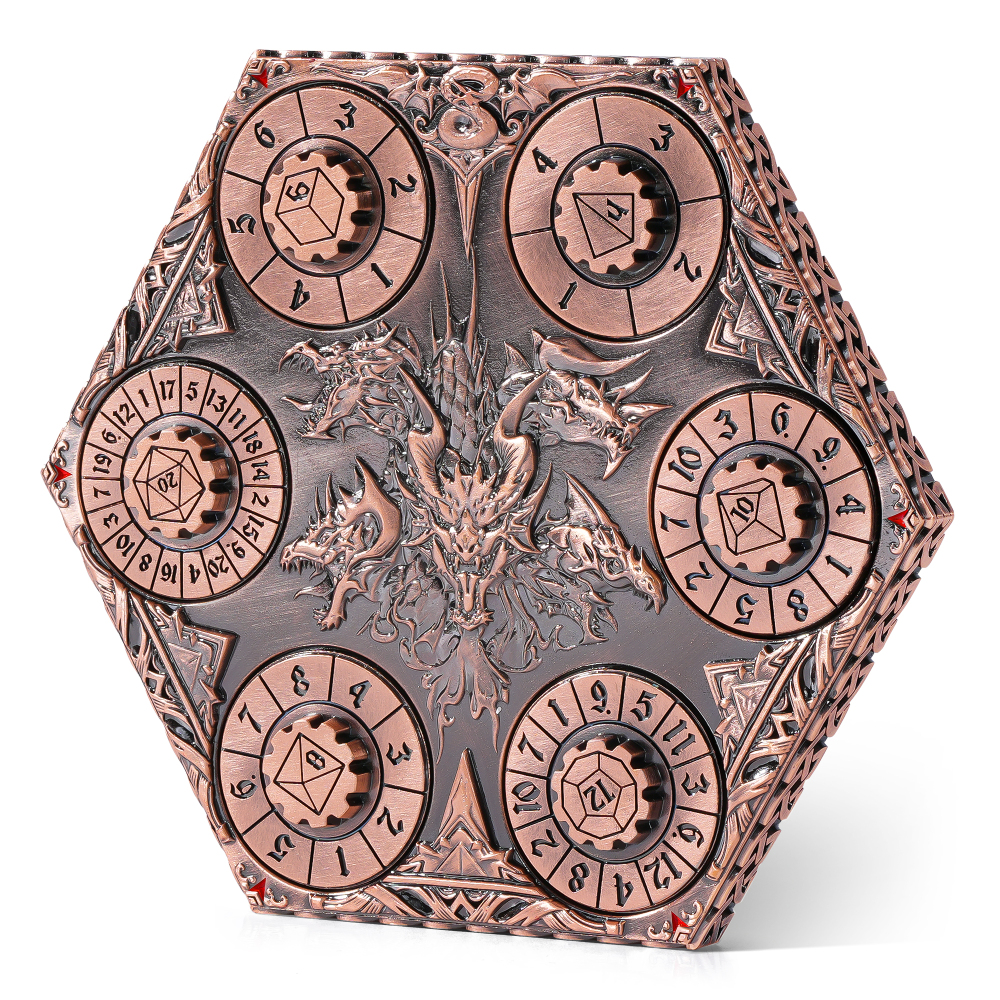 Kabinka DND Dice Set, 7 in 1 Metal Spin-Dial Dice with Storage Bag, Portable Celtic Knot D&D Dice for D4/D6/D8/D10/D12/D20 Role Playing Board Games (Bronze)