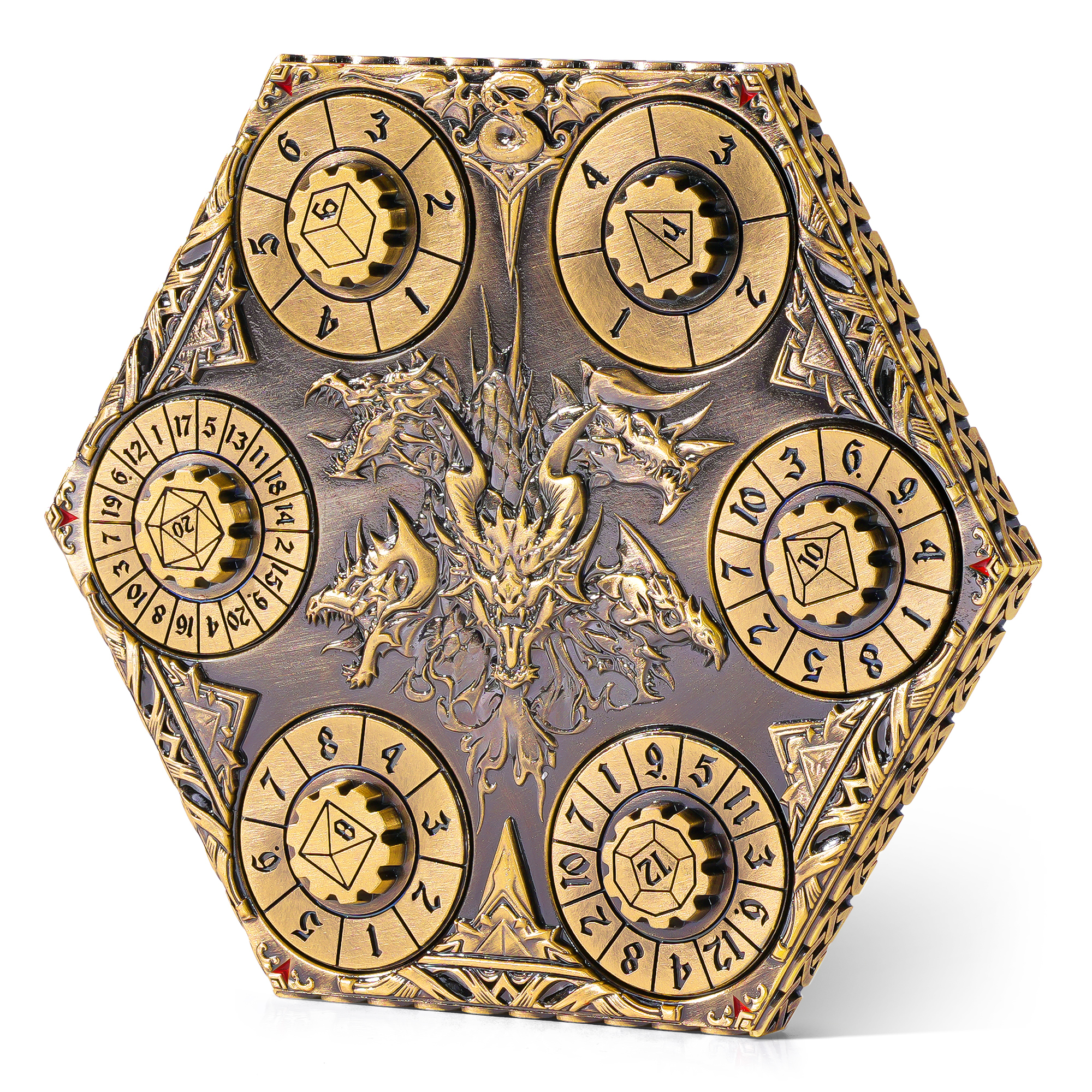 Kabinka DND Dice Set, 7 in 1 Metal Spin-Dial Dice with Storage Bag, Portable Celtic Knot D&D Dice for D4/D6/D8/D10/D12/D20 Role Playing Board Games (Bronze)