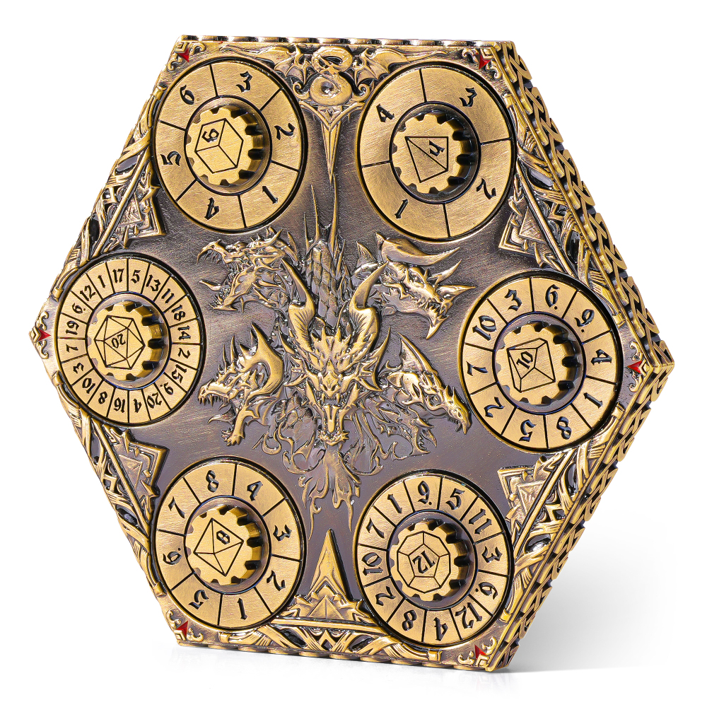 Kabinka DND Dice Set, 7 in 1 Metal Spin-Dial Dice with Storage Bag, Portable Celtic Knot D&D Dice for D4/D6/D8/D10/D12/D20 Role Playing Board Games (Bronze)