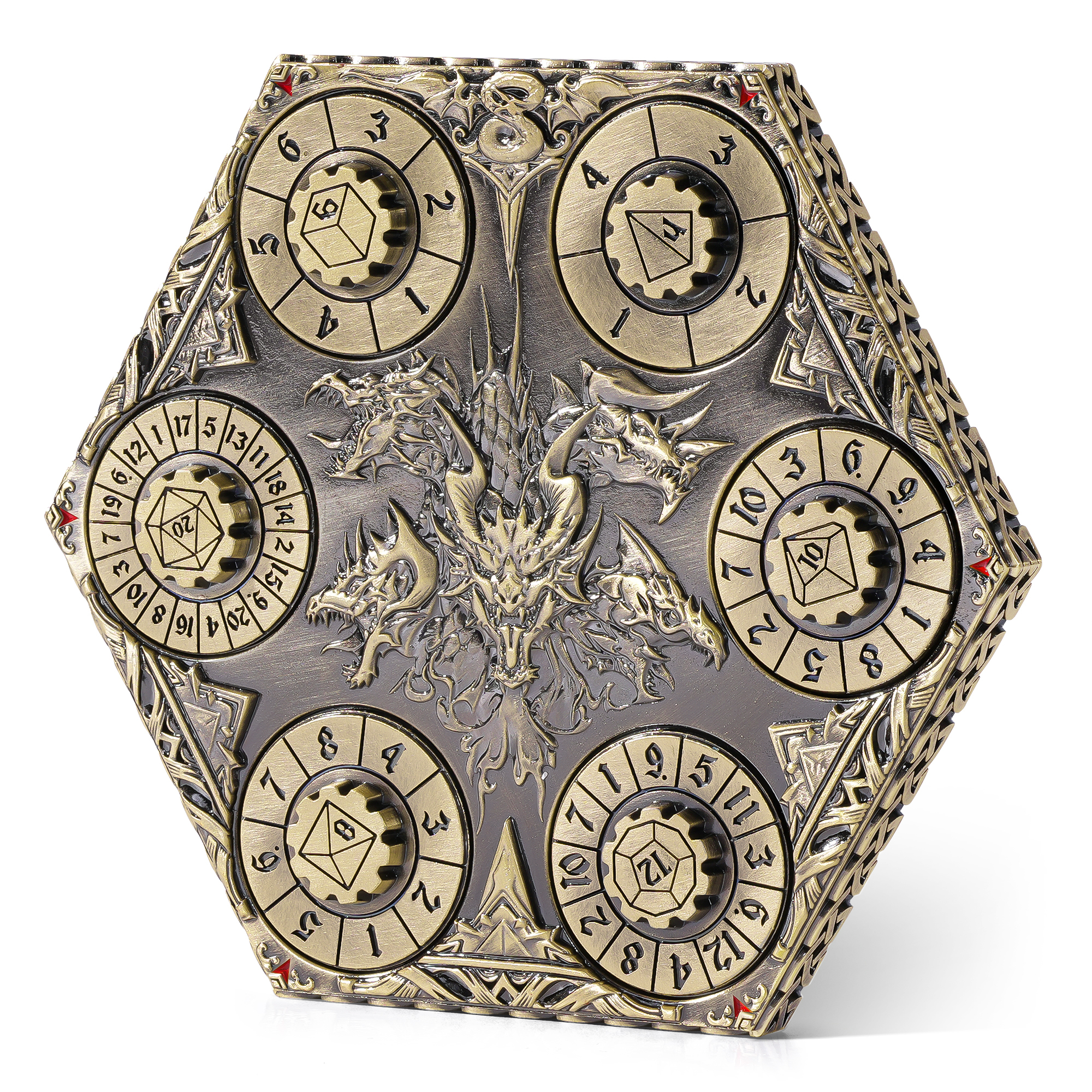 Kabinka DND Dice Set, 7 in 1 Metal Spin-Dial Dice with Storage Bag, Portable Celtic Knot D&D Dice for D4/D6/D8/D10/D12/D20 Role Playing Board Games (Bronze)