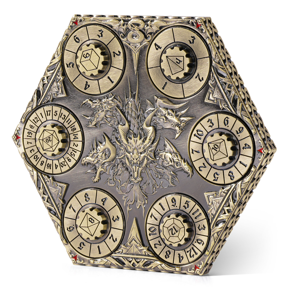 Kabinka DND Dice Set, 7 in 1 Metal Spin-Dial Dice with Storage Bag, Portable Celtic Knot D&D Dice for D4/D6/D8/D10/D12/D20 Role Playing Board Games (Bronze)