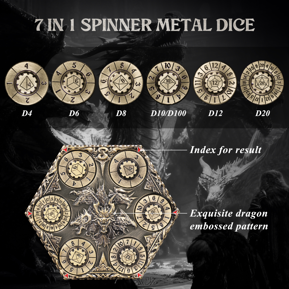 Kabinka DND Dice Set, 7 in 1 Metal Spin-Dial Dice with Storage Bag, Portable Celtic Knot D&D Dice for D4/D6/D8/D10/D12/D20 Role Playing Board Games (Bronze)