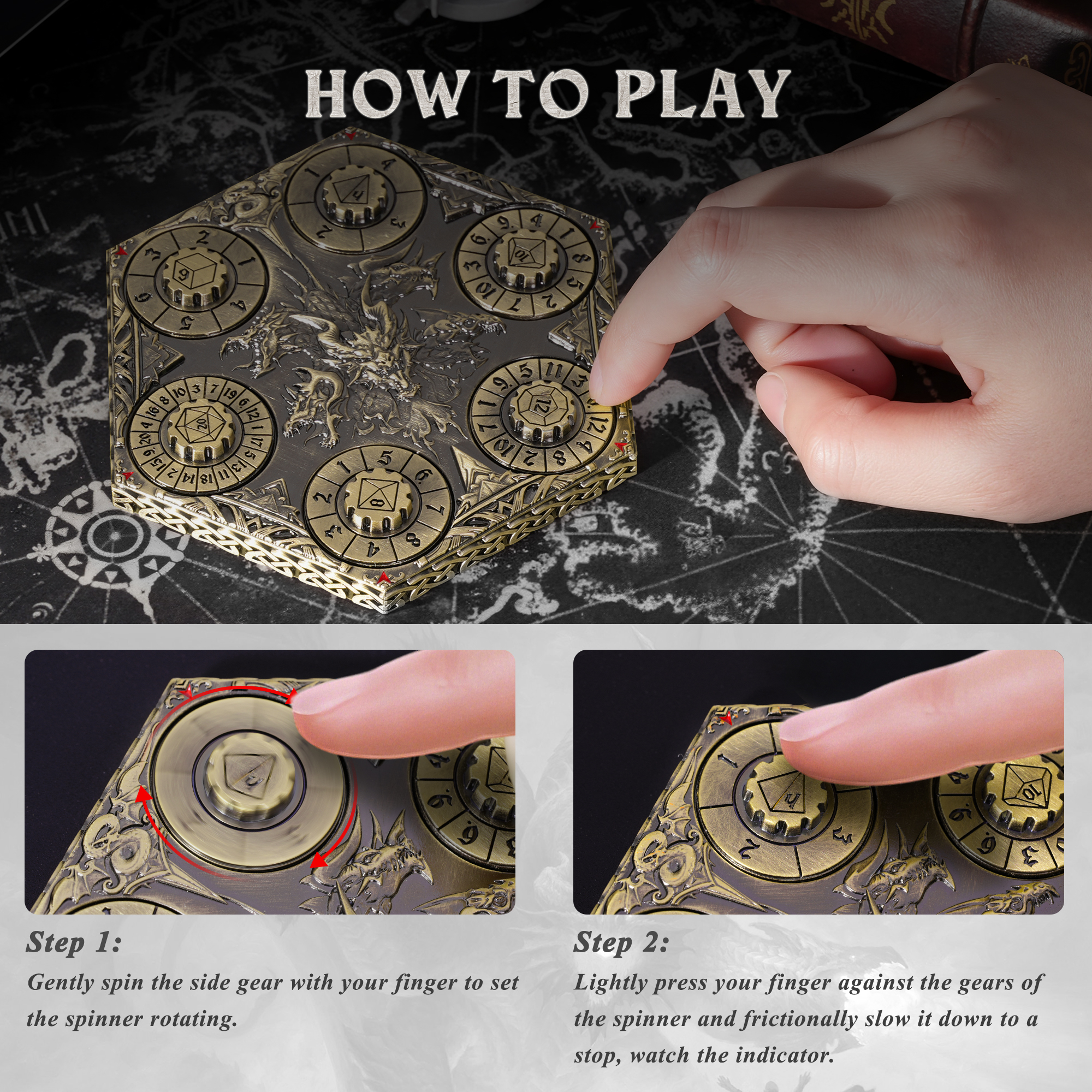 Kabinka DND Dice Set, 7 in 1 Metal Spin-Dial Dice with Storage Bag, Portable Celtic Knot D&D Dice for D4/D6/D8/D10/D12/D20 Role Playing Board Games (Bronze)