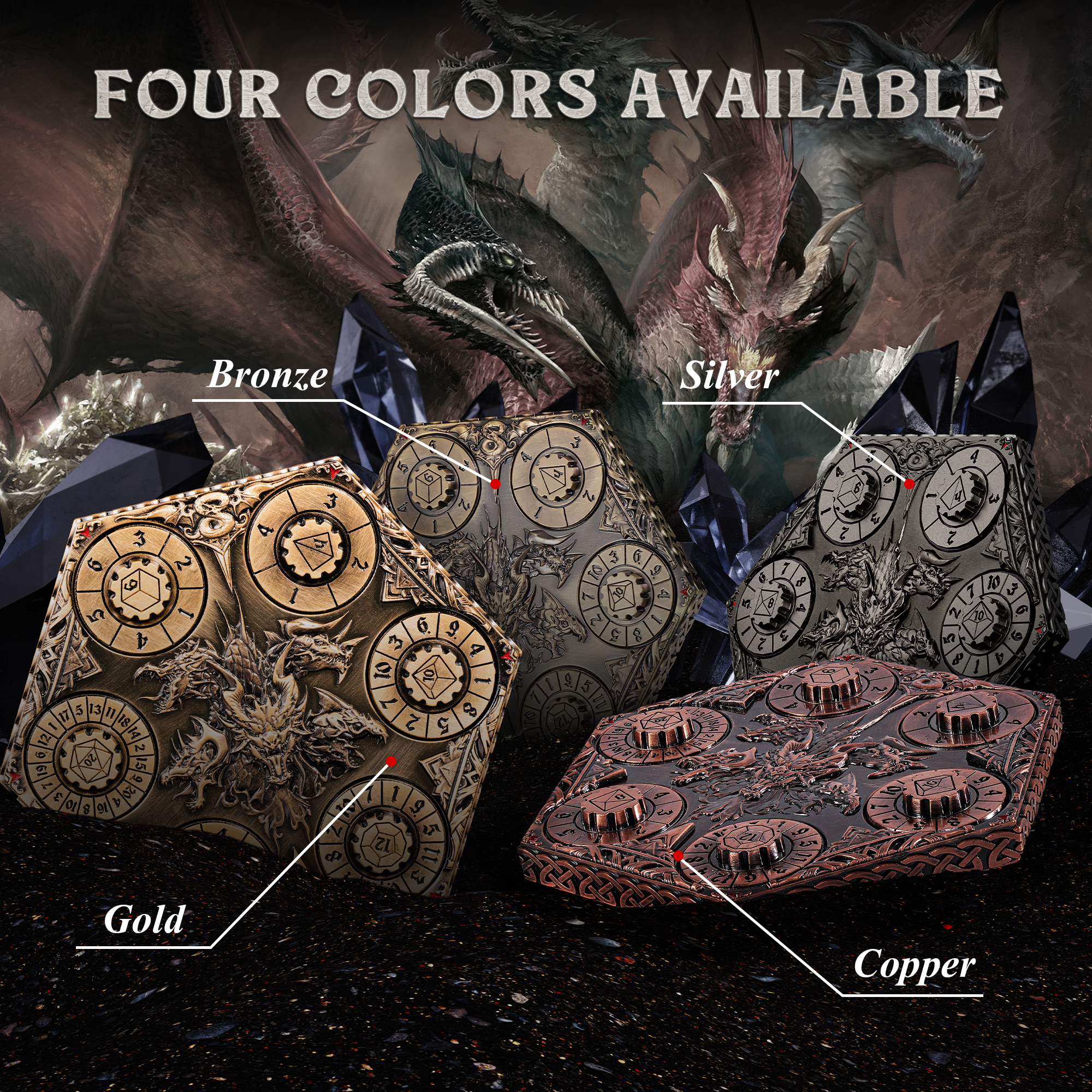 Kabinka DND Dice Set, 7 in 1 Metal Spin-Dial Dice with Storage Bag, Portable Celtic Knot D&D Dice for D4/D6/D8/D10/D12/D20 Role Playing Board Games (Bronze)