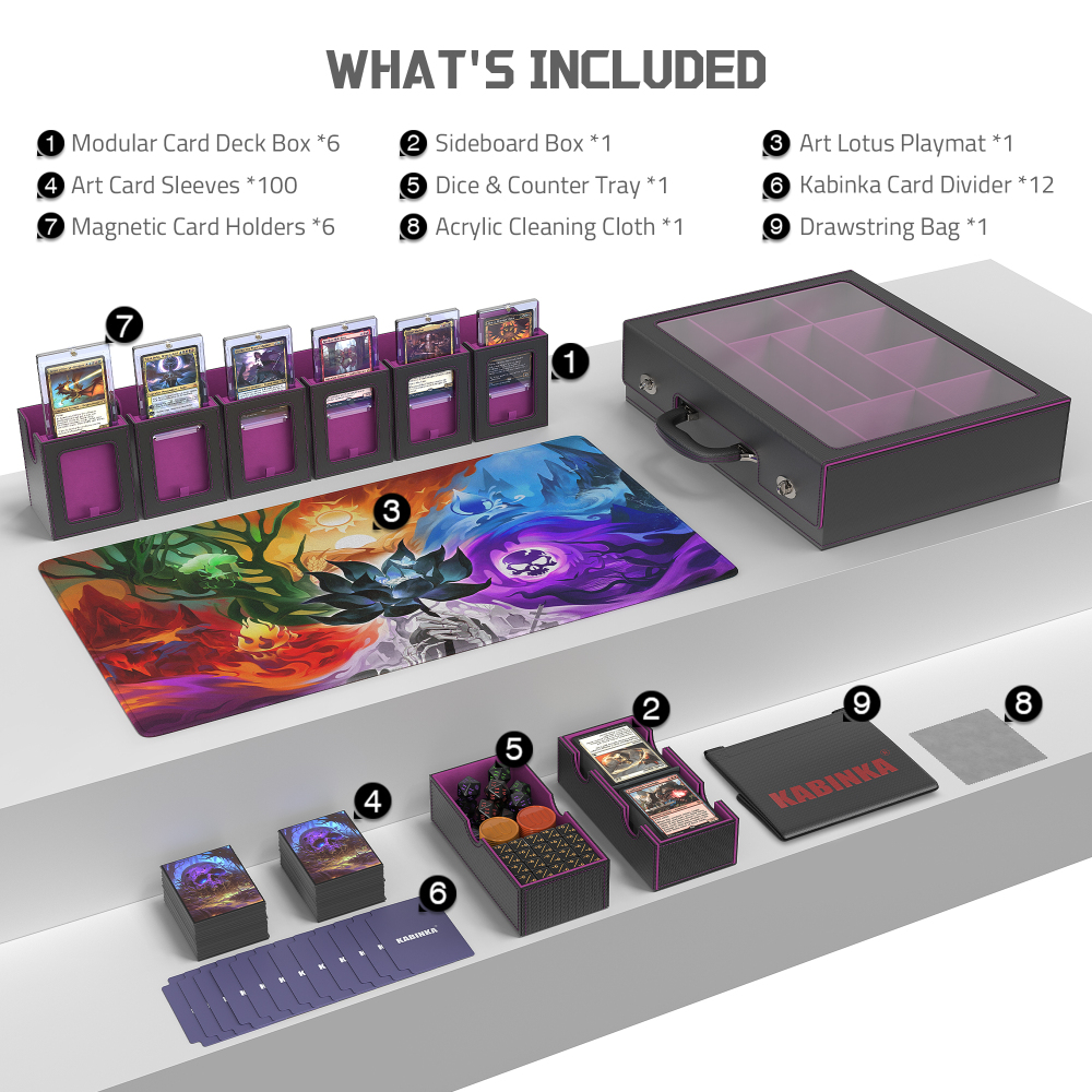 Kabinka MTG Commander Deck Box, Modular 9-in-1 TCG Card Storage Box with Dice Tray & Sideboard Box, 6-Deck Capacity Card Case, Includes 6 Magnetic Card Holders/100CT Card Sleeves/Playmat, Purple