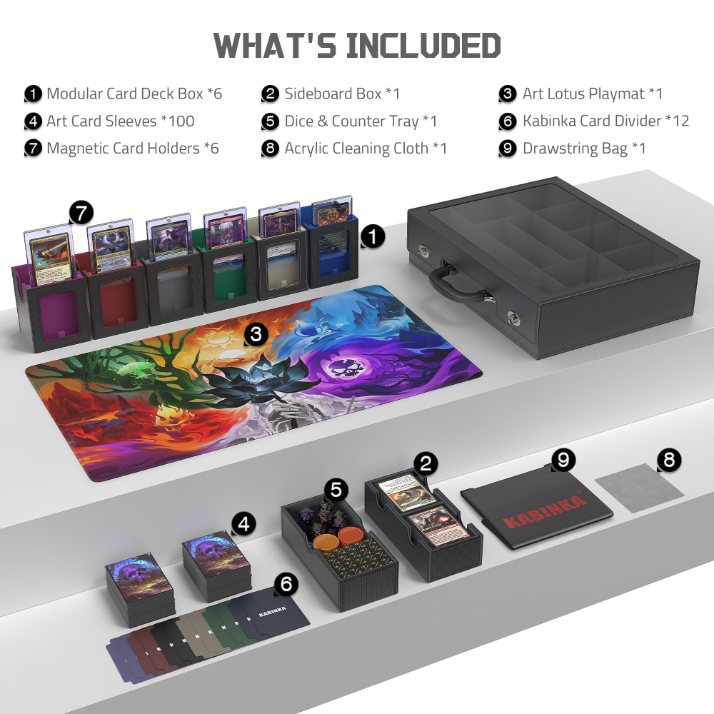 Kabinka MTG Commander Deck Box, Modular 9-in-1 TCG Card Storage Box with Dice Tray & Sideboard Box, 6-Deck Capacity Card Case, Includes 6 Magnetic Card Holders/100CT Card Sleeves/Playmat, Multicolour