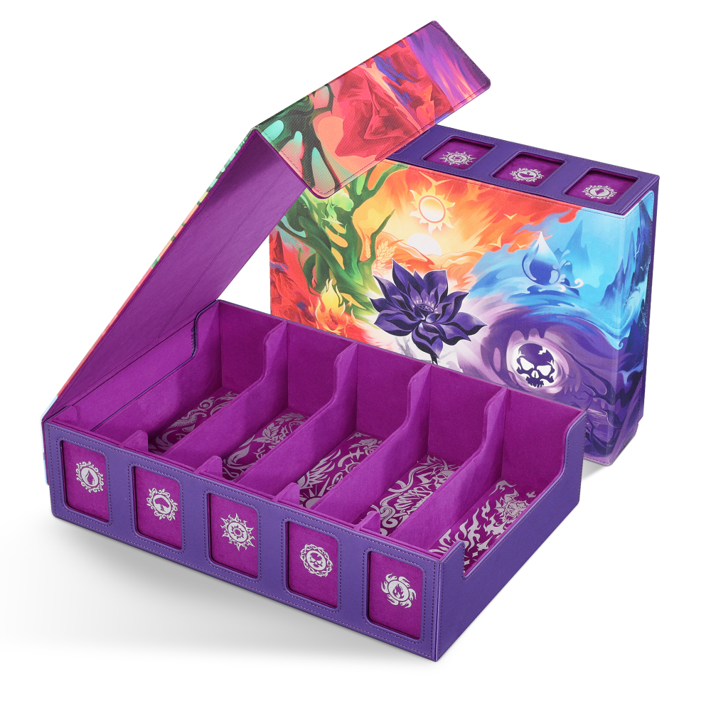 Trading Card Storage Box with Commander Display , 5-Row Deck Case with Removable Lid; 3900+ Card Deck Box for MTG TCG Sports Card, 5 Toploaders, 5 Stoppers, 48 Dividers,1 Dice Tray (Black Purple)